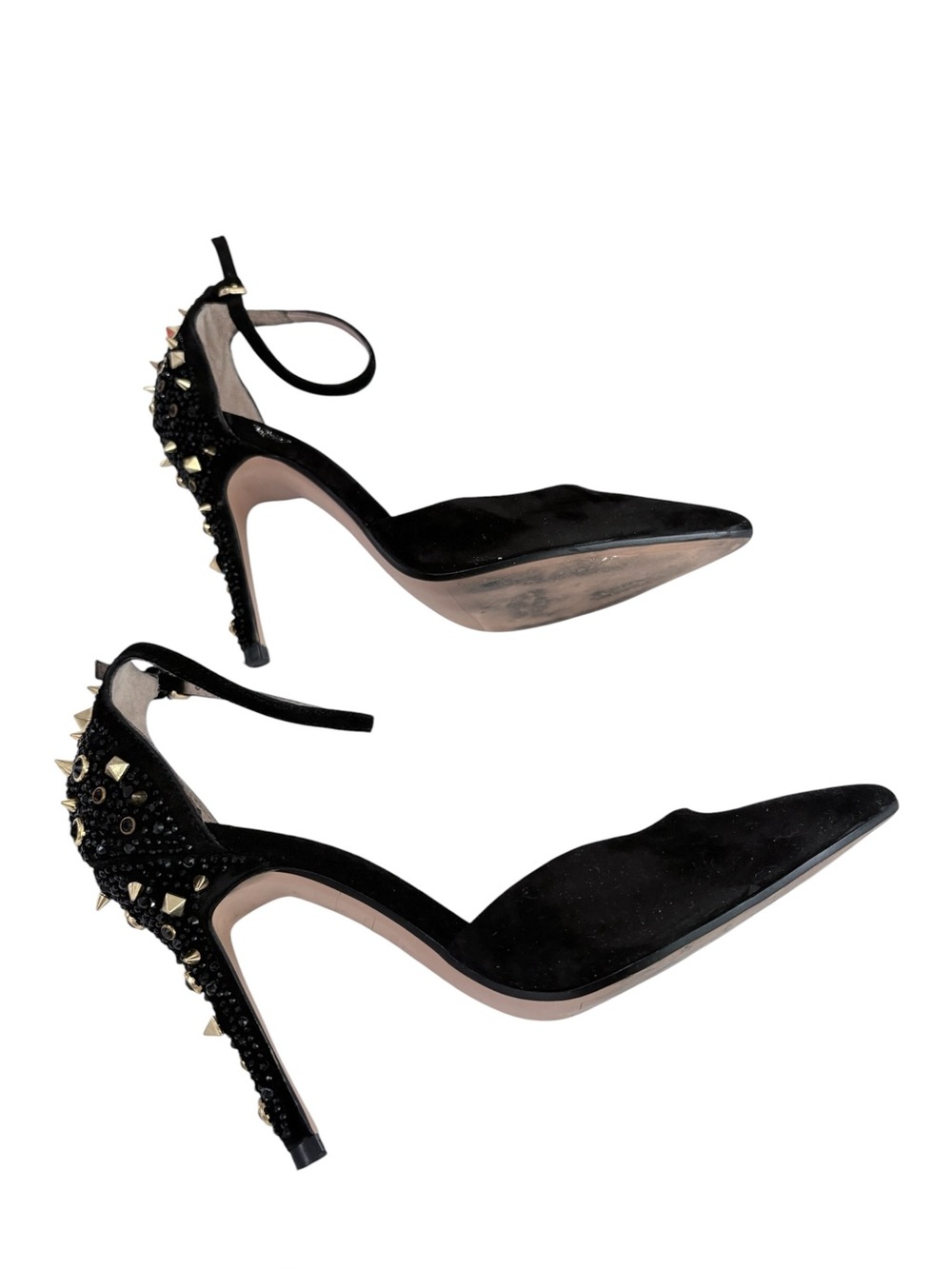 ZARA Woman Black Suede Pointed-Toe Ankle Strap Heels Gold Studs Accent Sz 37 - Picture 3 of 6